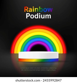 3D Product display stand podium banner with colorful rainbow, black background for children clothes toy shop, kid fashion discount sale promotion, Pride month online store,  LGBT, LGBTQ, LGBTQIA post