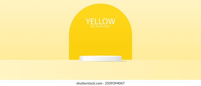 3D product display stand, white circle on yellow background. Abstract geometric shapes in a simple design. Fashion stage mockup scene. Studio product display stand. Product advertising stand