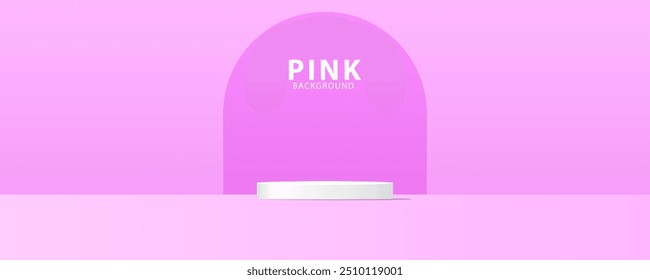 3D product display stand, white circle on pink background. Abstract geometric shapes in a simple design. Fashion stage mockup scene. Studio product display stand. Product advertising stand