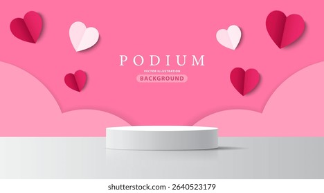 3D product display stand. White geometric platform on pink background. Abstract geometric shapes in a simple design. Fashion stage mockup scene. Studio product display. Valentine's Day. Papercut style