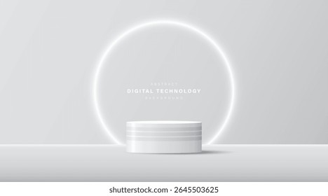 3D product display stand. White geometric platform on grey technology background. Abstract geometric shapes in a simple design. Fashion stage mockup scene. Studio product display. Hi tech digital
