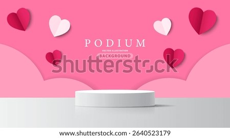 3D product display stand. White geometric platform on pink background. Abstract geometric shapes in a simple design. Fashion stage mockup scene. Studio product display. Valentine's Day. Papercut style