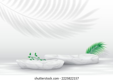 3d product display stands on white background. 3D realistic white marble stone plinth, simple wall scene for displaying mock-up products. 3d podium vector illustration.