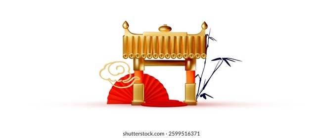 3D Product Display with Traditional China Gate. Chinese and Lunar New Year design template. Asian holiday