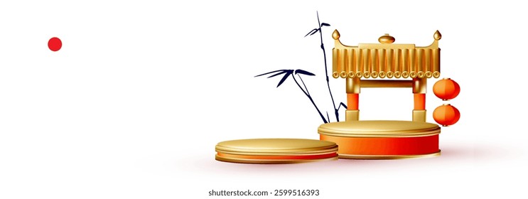 3D Product Display with Traditional China Gate. Chinese and Lunar New Year design template. Asian holiday