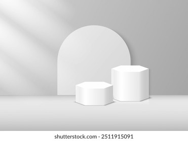 3D product Minimal display stand, white hexagon on gray background. Abstract geometric shapes in a simple design. Fashion stage mockup scene. Studio product display stand. Product advertising stand