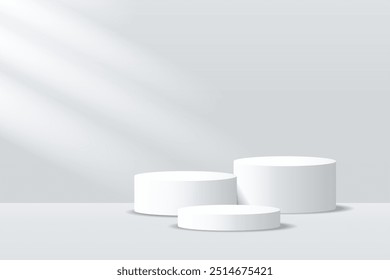 Produto 3D Suporte de exibição mínimo, círculo branco em fundo cinza. Abstrair formas geométricas em um design simples. Moda cena da maquete de palco. Suporte de exibição do produto Studio. Suporte de publicidade do produto