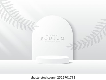 Produto 3D Suporte de exibição mínimo, círculo branco em fundo cinza. Abstrair formas geométricas em um design simples. Moda cena da maquete de palco. Suporte de exibição do produto Studio. Suporte de publicidade do produto