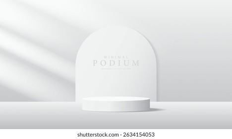 3D Produkt Minimaler Displayständer, weißer Kreis auf grauem Hintergrund. Abstrakte geometrische Formen in einem einfachen Design. Modebühnenmockup-Szene. Studio-Produktständer. Produktwerbeständer