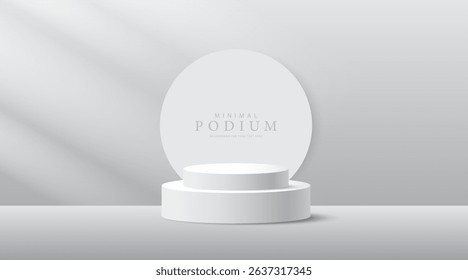 3D product Minimal display stand, white circle on grey background. Abstract geometric shapes in a simple design. Fashion stage mockup scene. Studio product display stand. Product advertising stand