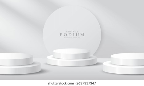 3D product Minimal display stand, white circle on grey background. Abstract geometric shapes in a simple design. Fashion stage mockup scene. Studio product display stand. Product advertising stand