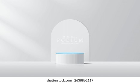 3D product Minimal display stand. White and pastel blue geometric platform on grey background. Abstract geometric shapes in a simple design. Fashion stage mockup scene. Studio product display.