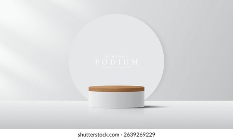 3D product Minimal display stand. White and wood geometric platform on grey background. Abstract geometric shapes in a simple design. Fashion stage mockup scene. Studio product display.