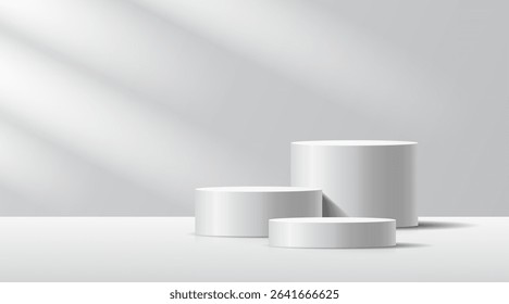 3D product Minimal display stand, white circle on gray background. Abstract geometric shapes in a simple design. Fashion stage mockup scene. Studio product display stand. Product advertising stand