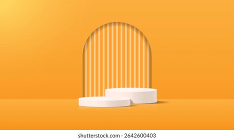 3D product Minimal display stand. White and orange geometric platform on orange background. Abstract geometric shapes in a simple design. Fashion stage mockup scene. Studio product display.