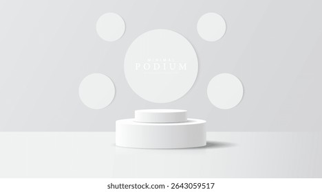 Producto 3D Soporte de exhibición mínimo, círculo blanco sobre fondo gris. Abstractas Formas geométricas en un diseño sencillo. Escena de maqueta de la etapa de moda. Soporte de exhibición del producto del estudio. Producto soporte publicitario