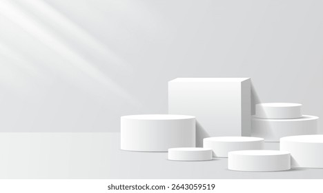 3D product Minimal display stand, white circle on gray background. Abstract geometric shapes in a simple design. Fashion stage mockup scene. Studio product display stand. Product advertising stand
