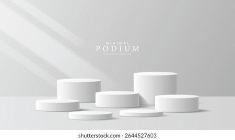 3D Produkt Minimaler Displayständer, weißer Kreis auf grauem Hintergrund. Abstrakte geometrische Formen in einem einfachen Design. Modebühnenmockup-Szene. Studio-Produktständer. Produktwerbeständer