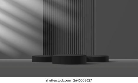 Producto 3D Soporte de exhibición mínimo, círculo negro sobre fondo gris. Abstractas Formas geométricas en un diseño sencillo. Escena de maqueta de la etapa de moda. Soporte de exhibición del producto del estudio. Producto soporte publicitario