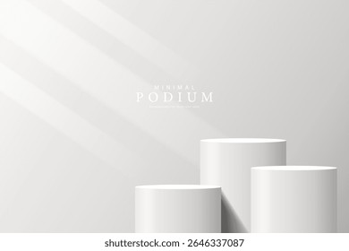 Producto 3D Soporte de exhibición mínimo. podio de soporte de cilindro de color blanco sobre un fondo gris. Abstractas Formas geométricas en un diseño sencillo. Escena de maqueta de la etapa de moda. Soporte de exhibición del producto del estudio.