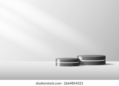 3D product Minimal display stand. black color cylinder stand podium on a gray background. Abstract geometric shapes in a simple design. Fashion stage mockup scene. Studio product display stand.