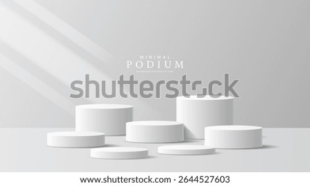 3D product Minimal display stand, white circle on gray background. Abstract geometric shapes in a simple design. Fashion stage mockup scene. Studio product display stand. Product advertising stand