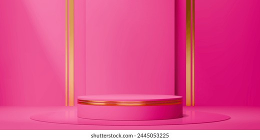 3d product pink podium stage. Realistic vector round fuchsia colored cylindrical pedestal mockup with golden decor. Elegant background for promoting women beauty products and cosmetics presentation