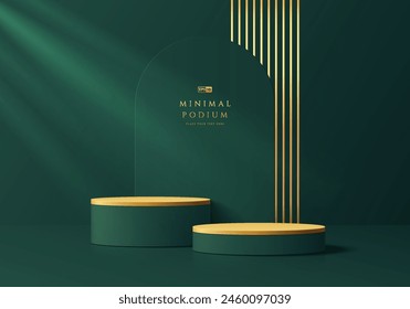 Fondo de podio de producto 3D verde oscuro con rayas de oro y marco de arco. Composición Abstractas diseño mínimo. Pedestal del producto de la sala de exposición del estudio de lujo, escena de la maqueta del escaparate de moda. Anuncio cosmético.