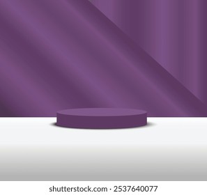 Fundo do pódio do produto 3D em roxo escuro no espaço vazio do chão branco.