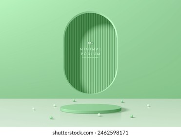 3D product podium background in green color with round window on wall. Abstract composition in minimal design. Studio showroom product pedestal, Fashion showcase mockup scene. Vector showcase design.