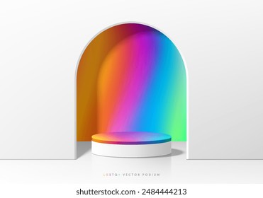 3D product podium background with pride gradient rainbow in arch gate. Abstract composition minimalist design. 3D studio display showroom LGBTQ+ product pedestal, Fashion stage showcase mockup scene.