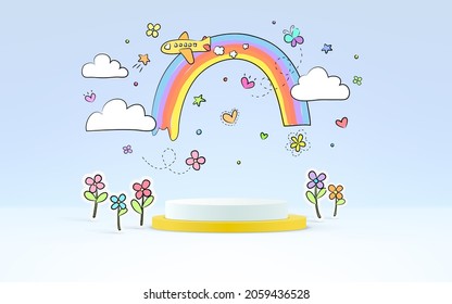 3d podio de producto, fondo con arcoiris y nubes, clima con espacio vacío para niños o producto de bebé.