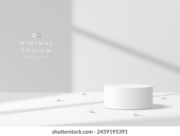 3D product podium background in white color with window light and shadow. Abstract composition in minimal design. 3D studio showroom product pedestal, Fashion showcase mockup scene. Banner cosmetic.