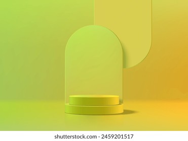 3D Produkt Podium Hintergrund gelb und grün Farbe mit Überlappungsbogen Hintergrund. Abstrakte Komposition in minimalem Design. Studio Showroom Produkt Sockel, Mode-Schaukasten Mockup-Szene. Kosmetischer Banner
