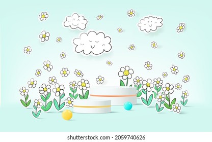 3d product podium with hand drawn weather background, empty space for kids or baby product.