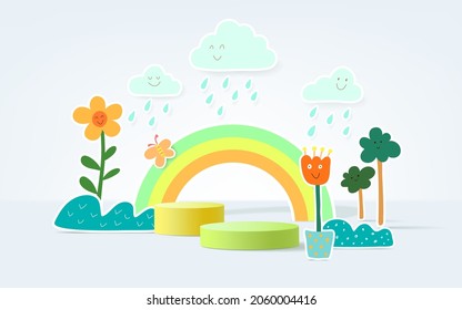 3d product podium with hand drawn weather background, empty space for kids or baby product.