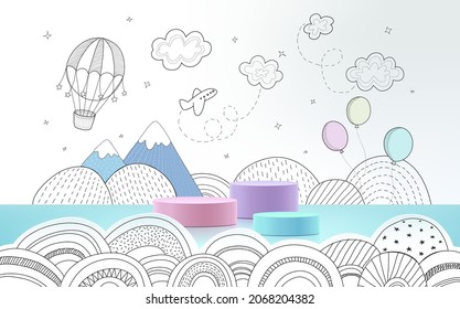 3d product podium with hand drawn weather background, empty space for kids or baby product.