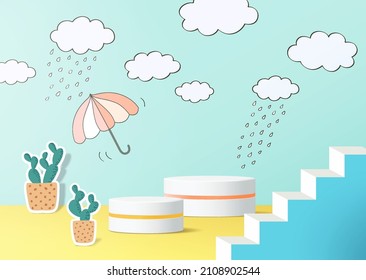 3d product podium with hand drawn weather background, empty space for kids or baby product.