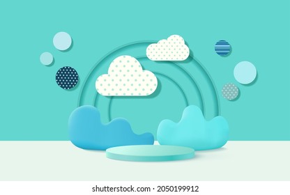 3d product podium, pastel color background, clouds, weather with empty space for kids or baby product.