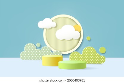 3d product podium, pastel color background, clouds, weather with empty space for kids or baby product.