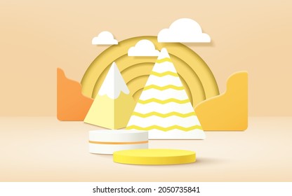 3d product podium, pastel color background, clouds, weather with empty space for kids or baby product.