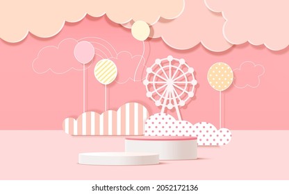 3d product podium, pastel color background, clouds, weather with empty space for kids or baby product.