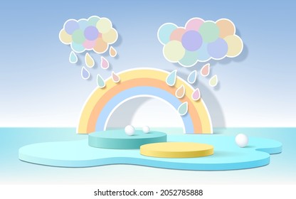 3d podio de producto, fondo de color pastel, nubes, clima con espacio vacío para niños o producto para bebés.