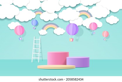 3d podio de producto, fondo de color pastel, nubes, clima con espacio vacío para niños o producto para bebés.