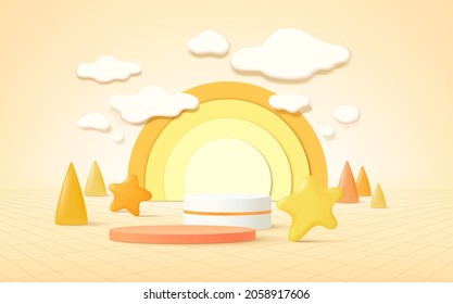 3d product podium, pastel color background, clouds, weather with empty space for kids or baby product.