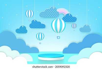 3d Product Podium With Pastel Color Background, Clouds, Weather With Empty Space For Kids Or Baby Product.