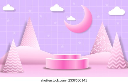 3d product podium, pastel color background, clouds, weather with empty space for kids or baby product.