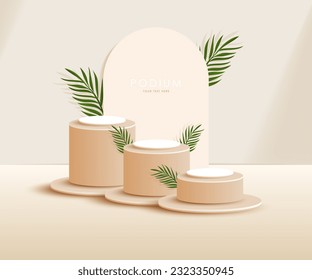 3d product podium and pedestal in beige color with palm leaves. 3d rendering vector background view with podium. To display 3d cosmetic products.