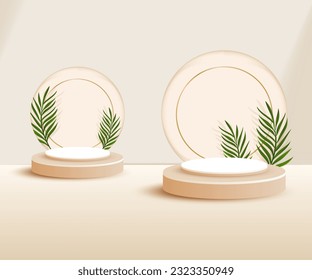3d product podium and pedestal in beige color with palm leaves. 3d rendering vector background view with podium. To display 3d cosmetic products.