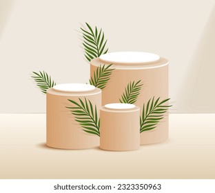3d product podium and pedestal in beige color with palm leaves. 3d rendering vector background view with podium. To display 3d cosmetic products.